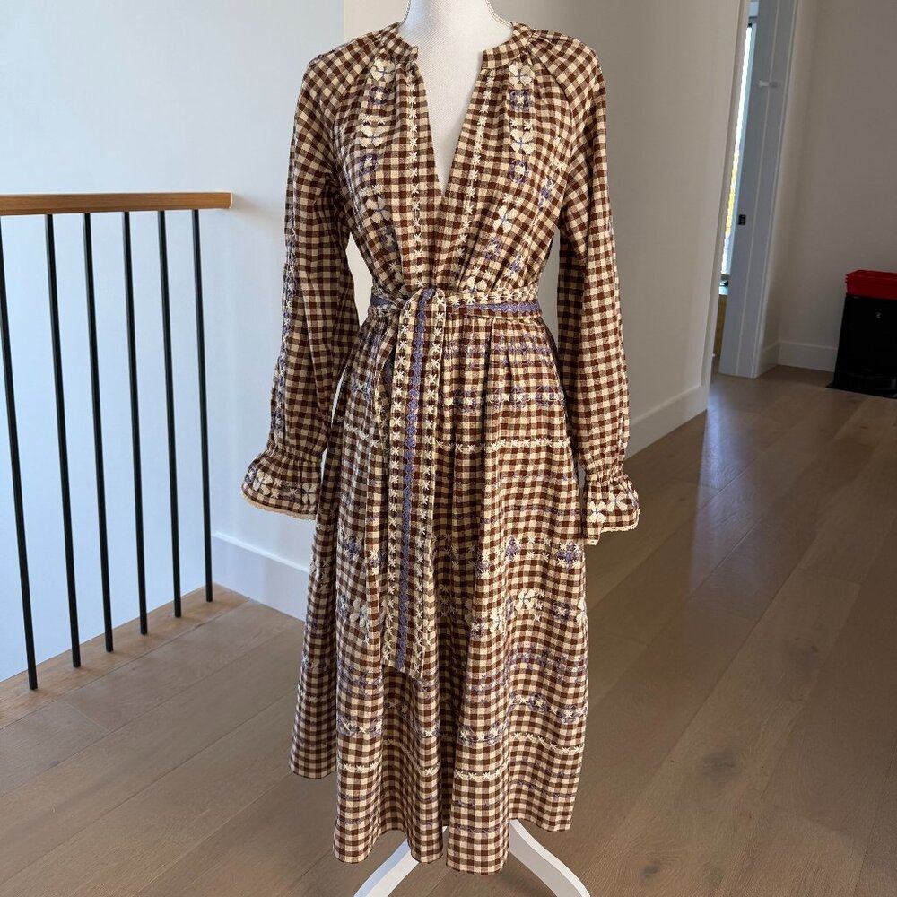 Sezane midi Veronique dress Lila Brown gingham embroidey